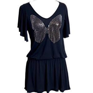 Bebe Y2K Black Butterfly Rhinestone Mini Dress Sz M Made in USA Flutter Sleeves